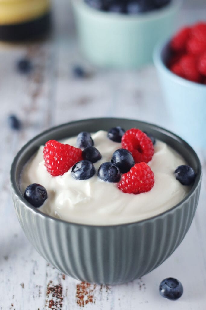 A Bowl of Greek Yogurt with Blueberry and Raspberry