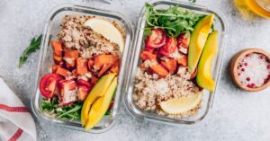 Healthy Meal Prep Quinoa Salad with Avocados, Tomatoes and Sweet Potatoes