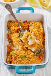 Homemade Baked Cod with Crushed Crackers in a Casserole