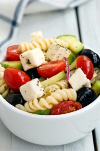 Homemade Greek Pasta Salad with Black Olives, Tomatoes and Feta