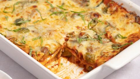 Homemade Healthy and Cheesy Vegetable Lasagna with Mushrooms, Sweet Bell Peppers and Zucchini