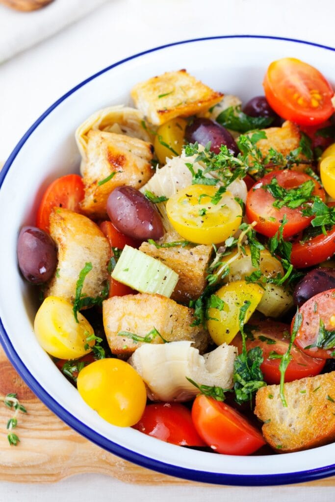 BEST Vegan Thanksgiving Appetizers featuring Homemade Panzanella Salad with Tomatoes and Grapes