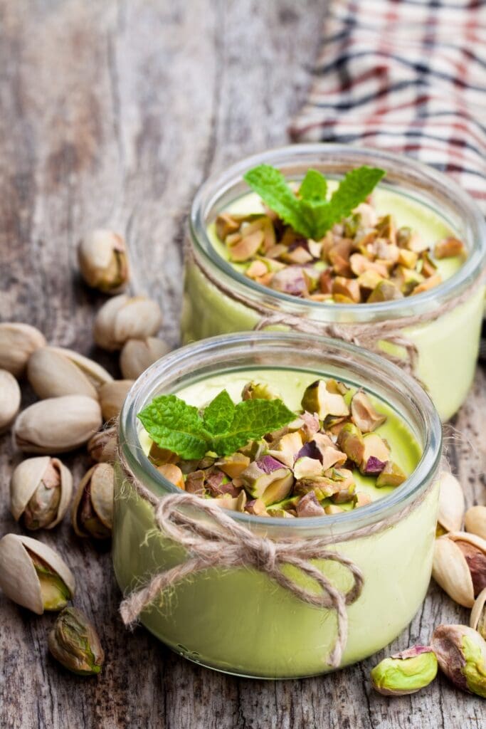 Homemade Pistachio Pudding in Jars with Nuts