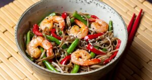 Homemade Soba Noodles with Shrimp and Green Beans