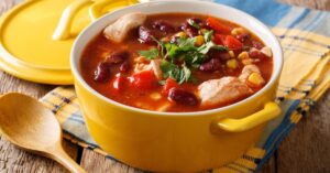 Homemade Soup of Chicken Chili with Beans and Corn