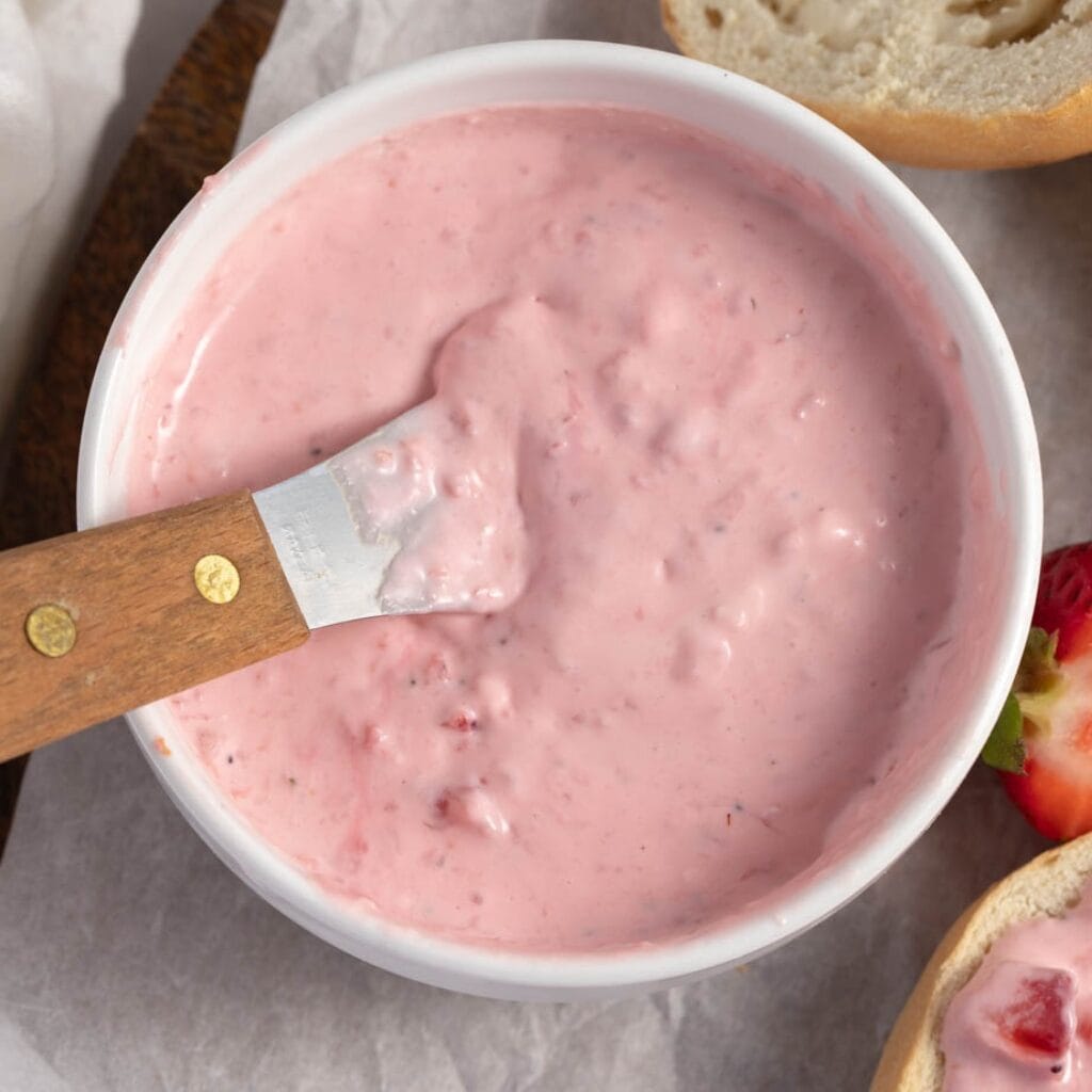 Homemade Strawberry Cream Cheese in a White Bowl