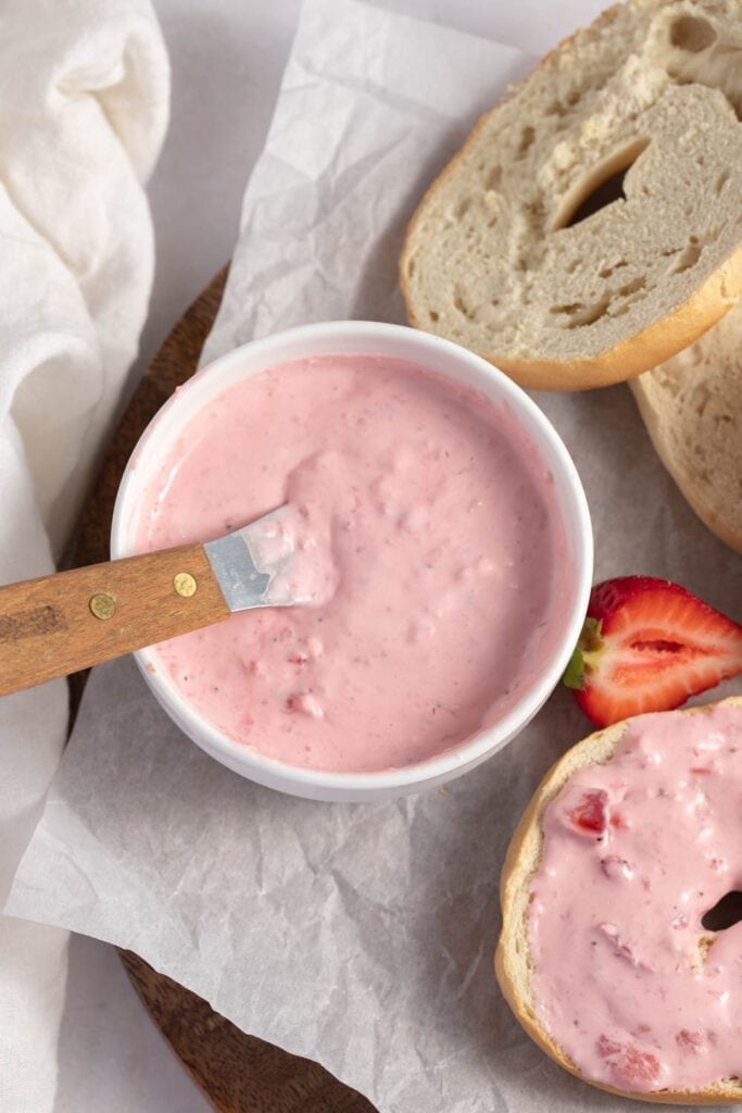 Easy Strawberry Cream Cheese Spread (Best Recipe) featuring Homemade Strawberry Cream Cheese with Bagel and Fresh Strawberries