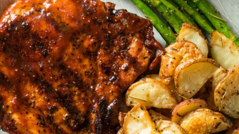 Homemade Honey Garlic Pork Chops with Asparagus and Baked Potatoes