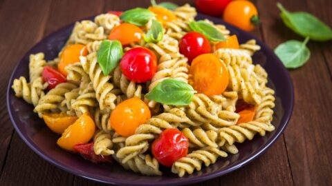 Homemade Pesto Pasta Salad with Tomatoes and Basil