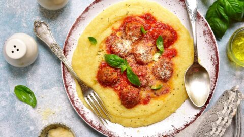 Homemade Polenta with Meatballs in Tomato Sauce
