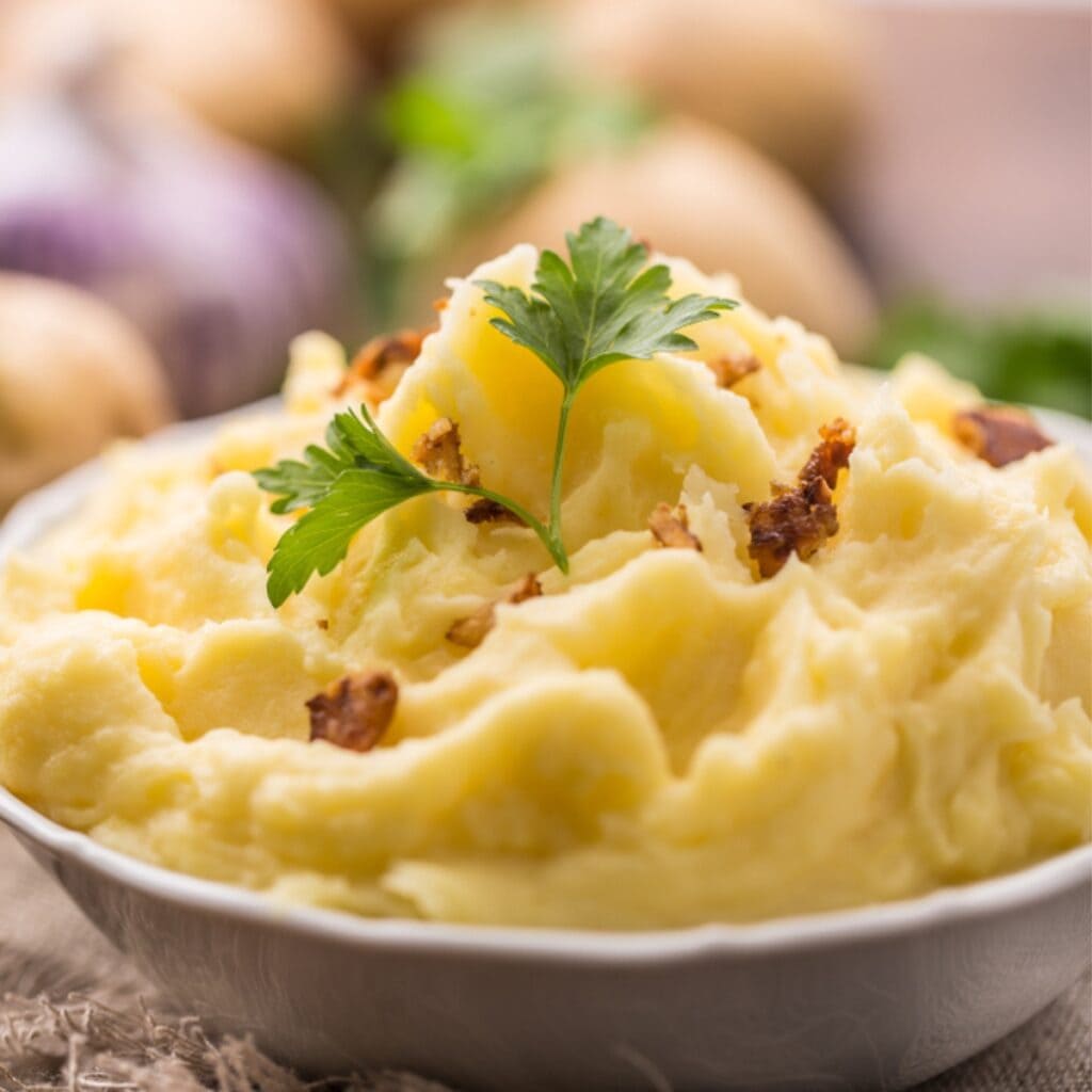 Mashed potatoes in a bowl garnished with fresh parsley and bacon bits