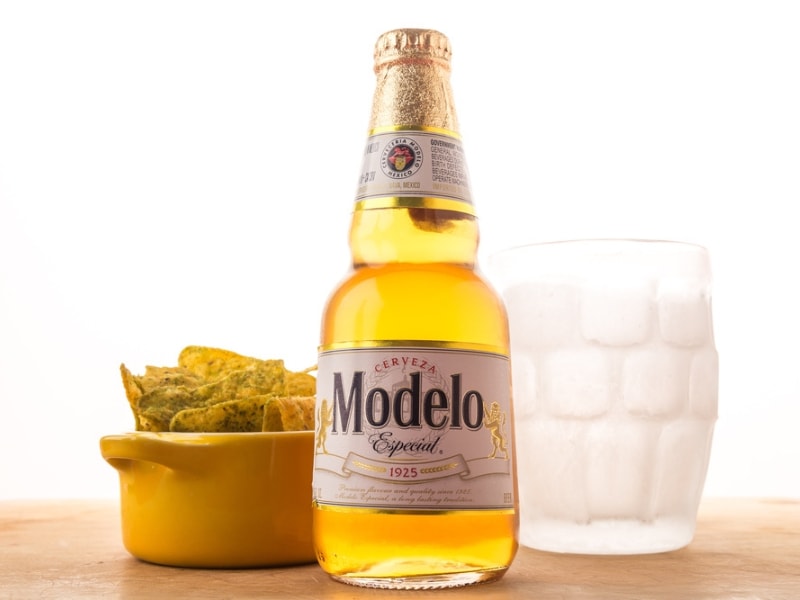 Cold Bottle of Modelo Especial, Frosted Beer Mug and Bowl of Tortilla Chips