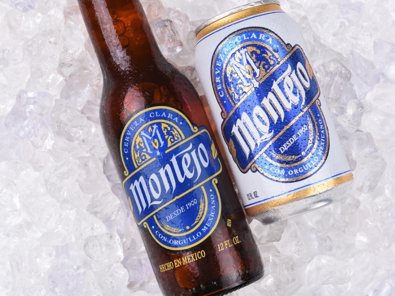 Bottle and Can of Montejo Beer Sitting on Ice