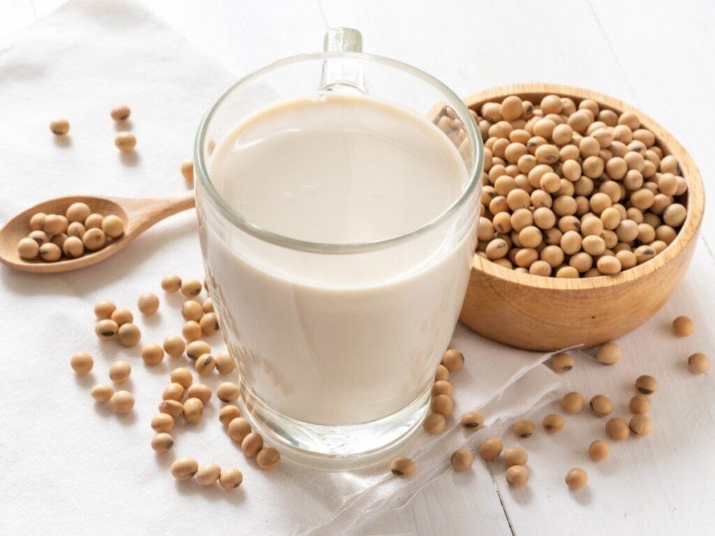 Glass of Plain Soy Milk with a bowl of soy beans and a spoon on the side