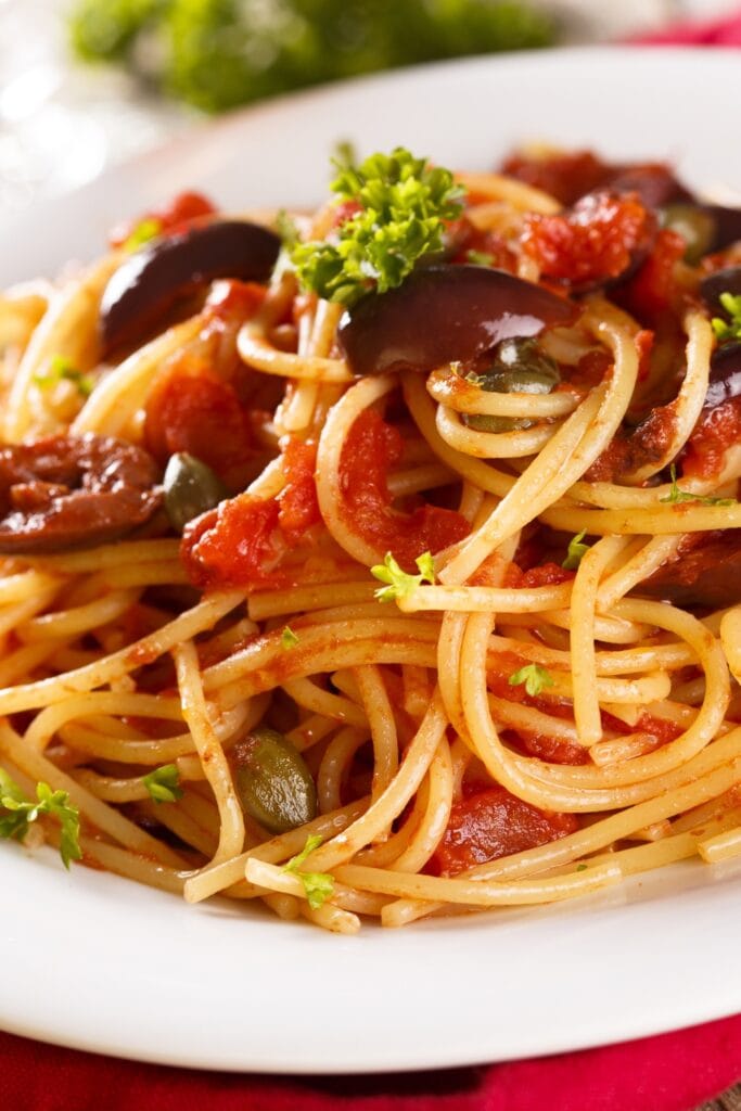 Puttanesca Pasta with Tomatoes and Eggplant