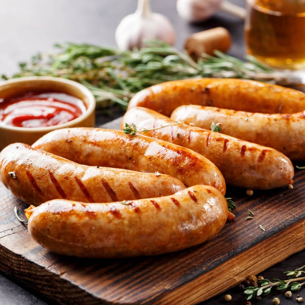 Grilled Sausages on a Wooden Cutting Board