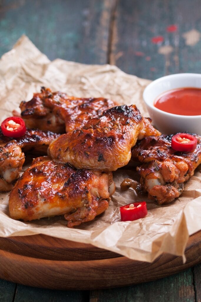 30 Best Recipes That Use Liquid Smoke featuring Smoked BBQ Chicken Thighs with Sauce with Chilis on Parchment 