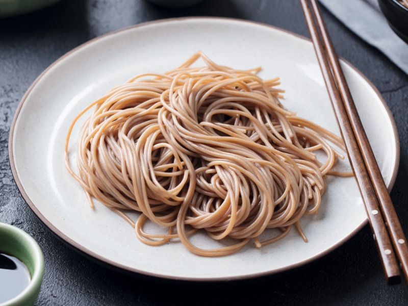 Soba Noodles on a Plate with Chopsticks