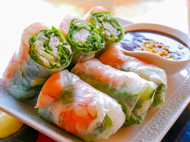 Fresh Vietnamese Summer Rolls on a Square Plate with Sauce