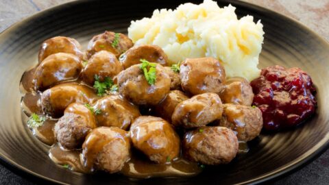 Swedish Meatballs with Mashed Potatoes, Gravy and Cranberry Sauce