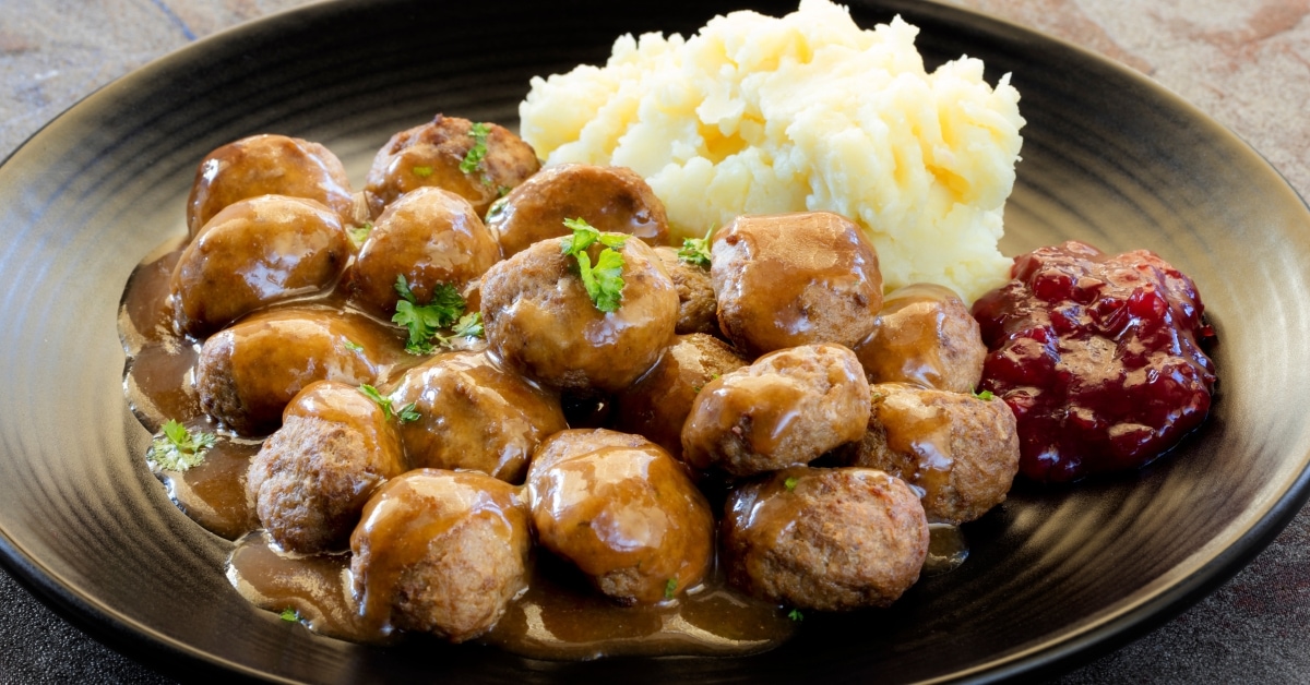 Swedish Meatballs with Mashed Potatoes, Gravy and Cranberry Sauce