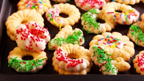 Sweet Homemade Spritz Cookies with Candies and Icing