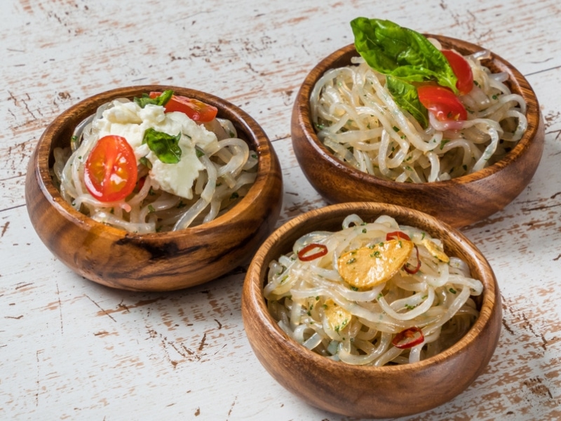 Three Different Konjac Noodles Dish on a Wooden Bowl
