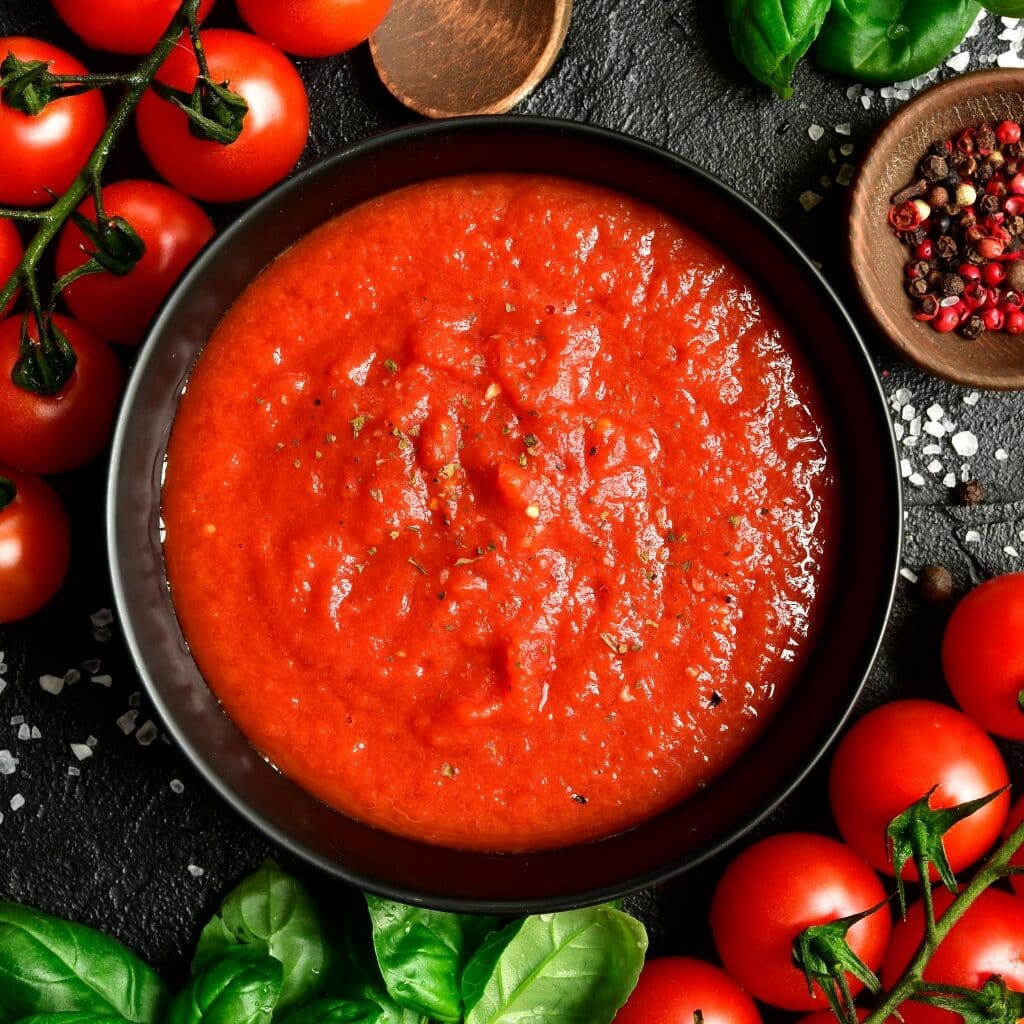 Tomato Passata or Puree in a Black Bowl