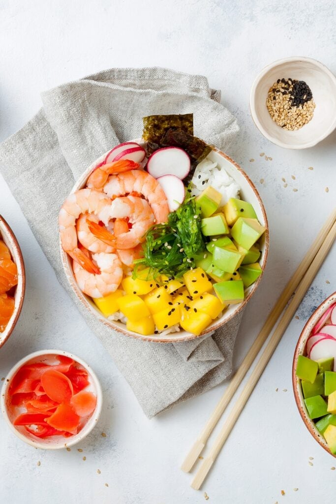 Tuna and Shrimp Poke Bowl with Mangoes and Avocadoes