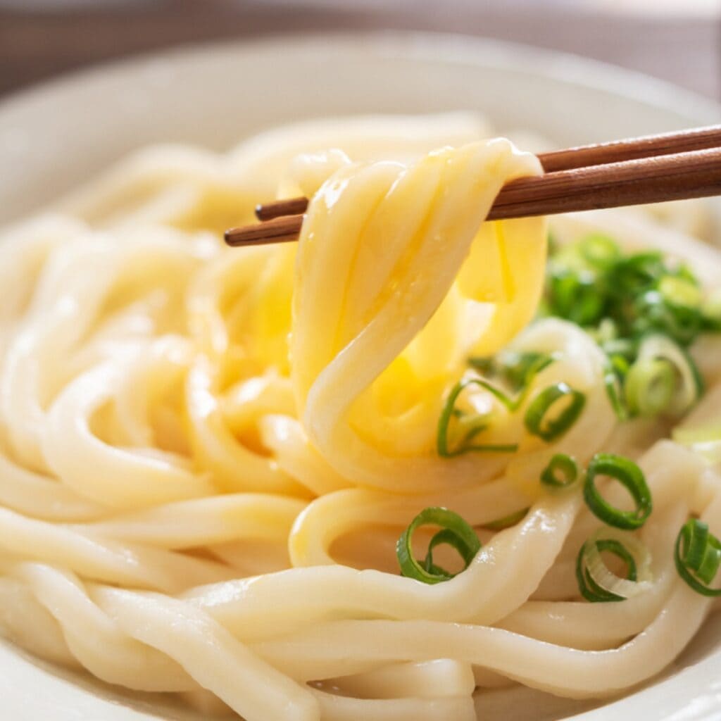 What Are Udon Noodles? (What You Need To Know): Udon Noodles Picked by Wooden Chopsticks with Slices of Green Onions