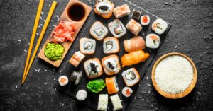 Various Types of Homemade Sushi Including Maki and Nigiri