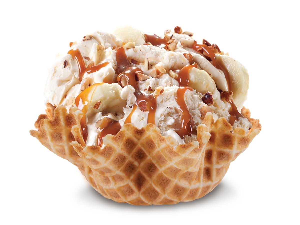 Stone Cold Banana Caramel Crunch Flavor with French Vanilla Ice Cream, Raosted Almonds, Bananas, and Caramel Sauce in a Waffle Bowl