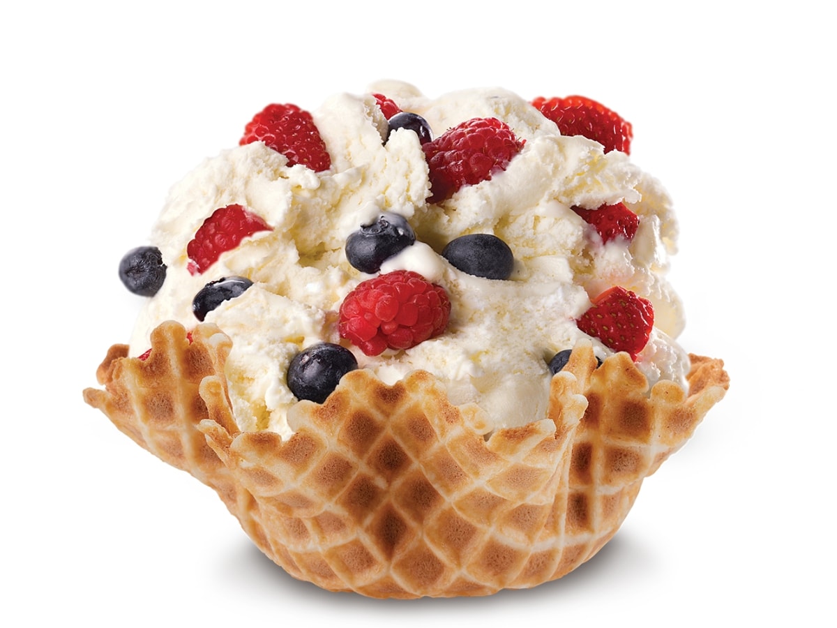 Stone Cold Berry Berry Berry Good Flavor with Sweet Cream Ice Cream and Fresh Bluberries, Raspberries, and Strawberries in a Waffle Bowl