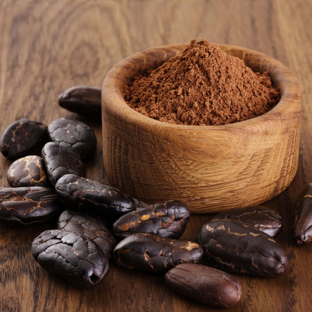 Bowl of Cacao Powder and Cacao Beans on a Wooden Table