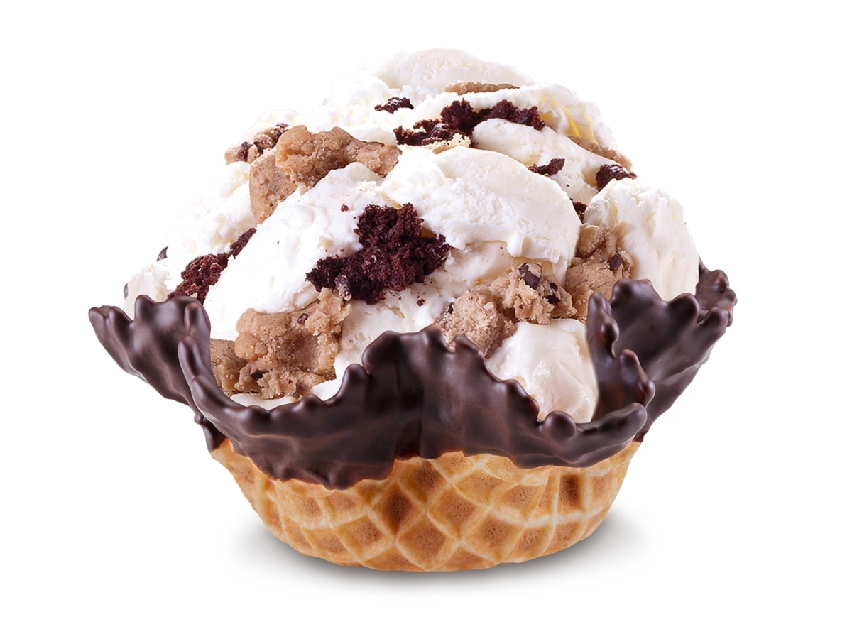 Cold Stone Cake Batter Batter Batter Flavor with Cake Batter Ice Cream, Cookie Dough Batter, and Brownie Chunks in a Chocolate-Dipped Waffle Bowl