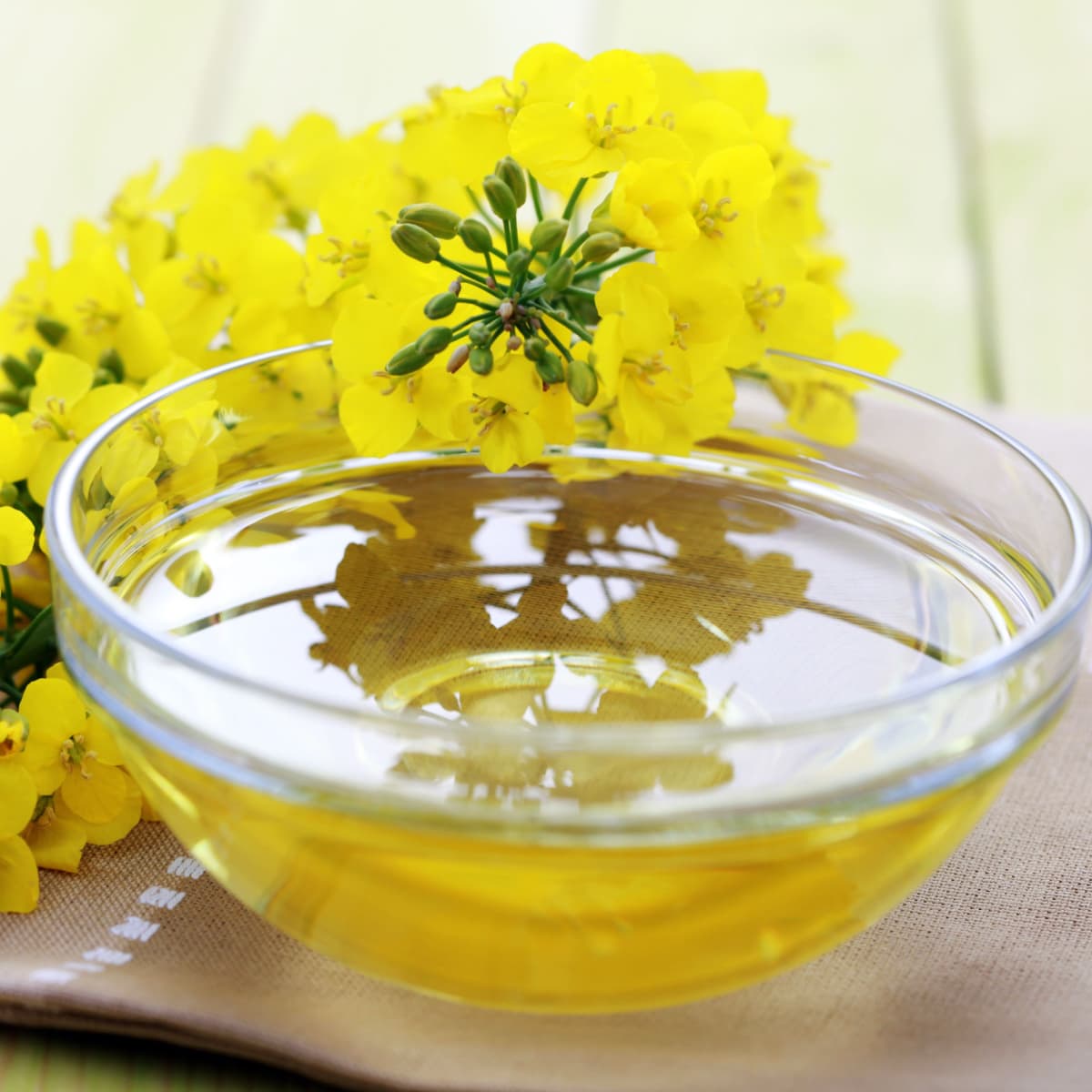 Bowl of Canola Oil on a Rustic Mat