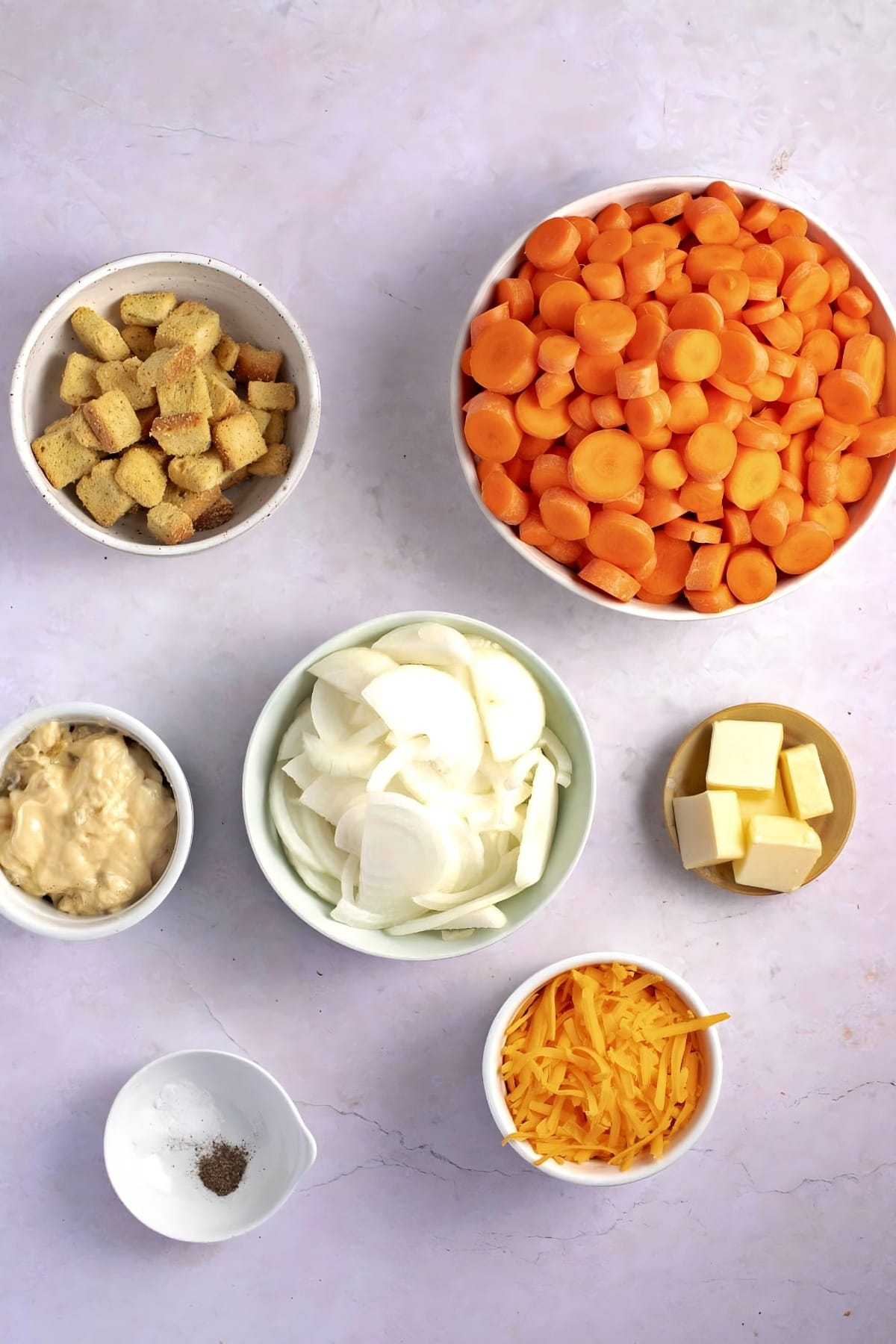 Carrot Casserole Ingredients - Carrots, Onions, Butter, Salt, Pepper and Cheddar Cheese
