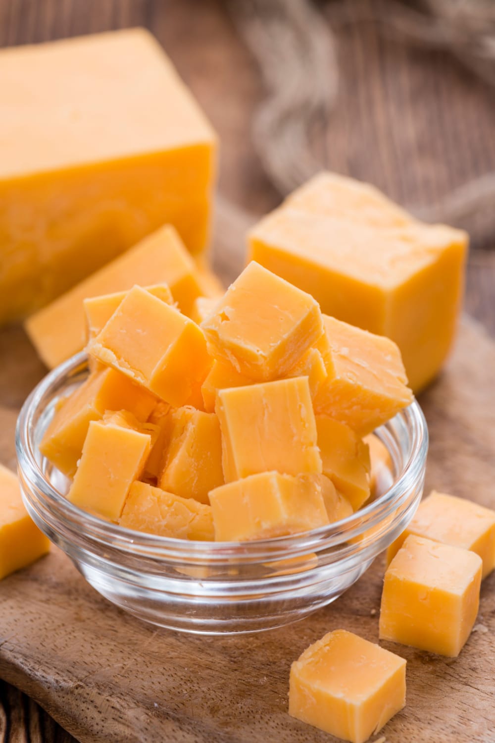 Cheddar Cheese Cubes on a Clear Bowl