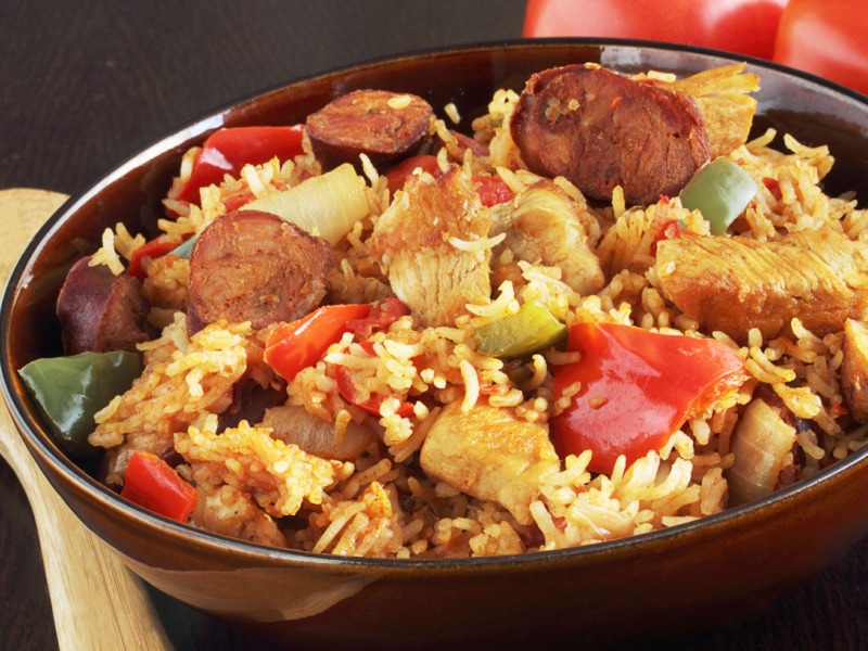 White Jambalaya on a Bowl with Chicken and Sausage