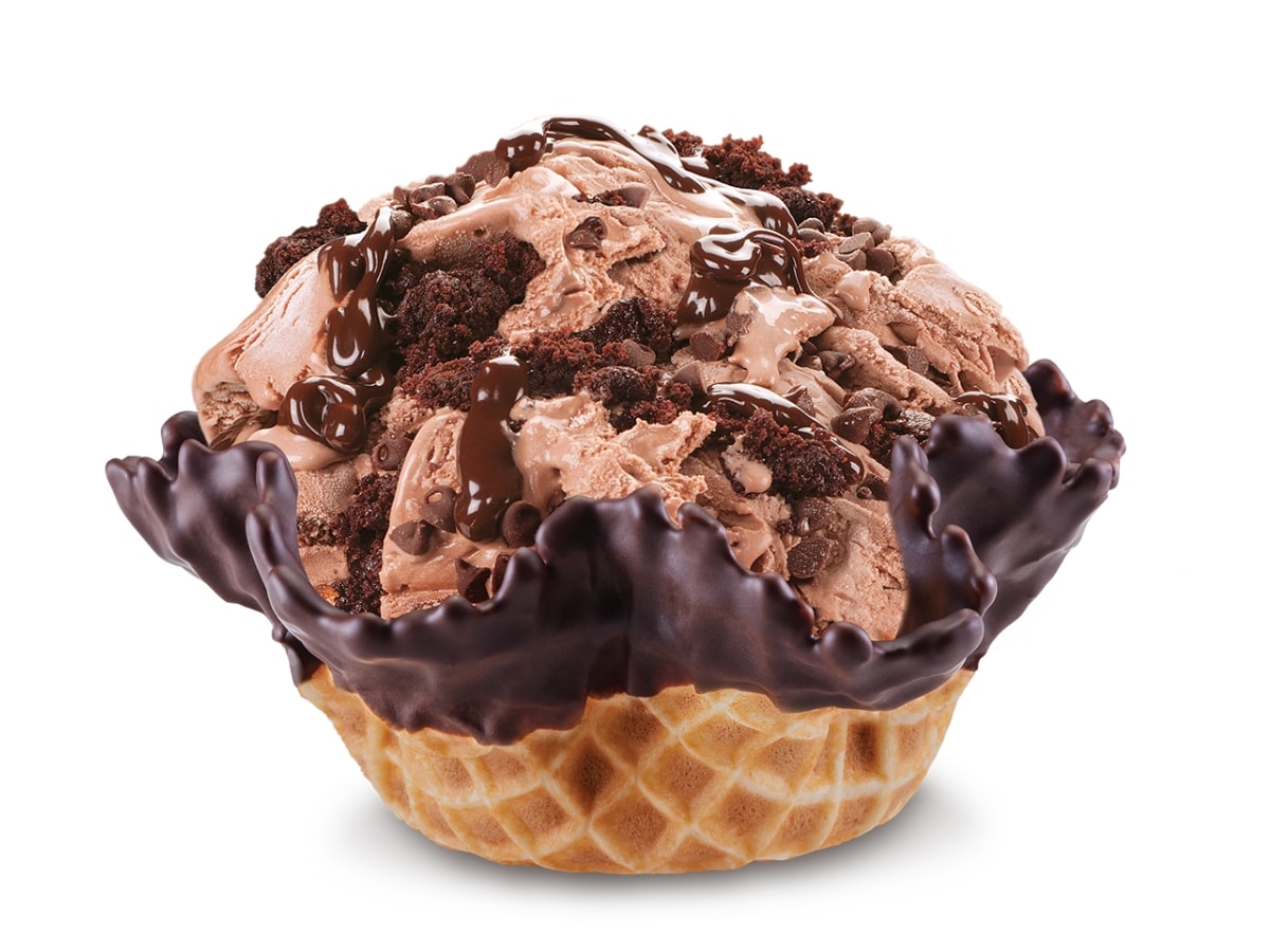 Chocolate Devotion Cold Stone Ice Cream Flavor with Chocolate Ice Cream, Chocolate Chips, Brownie Chunks, and Hot Fudge in a Chocolate-Dipped Waffle Bowl