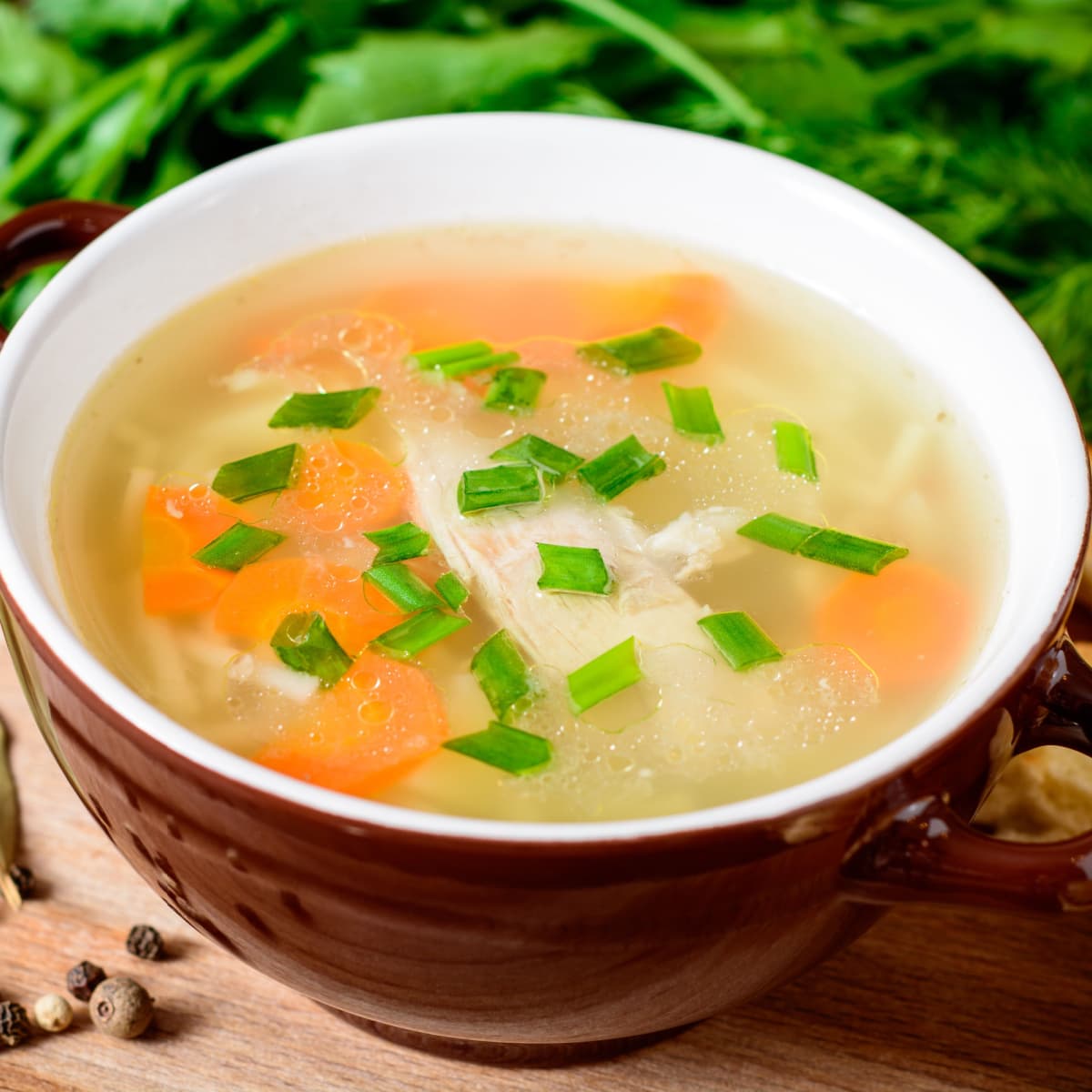 Bowl of Clear Soup with Chicken and Carrots