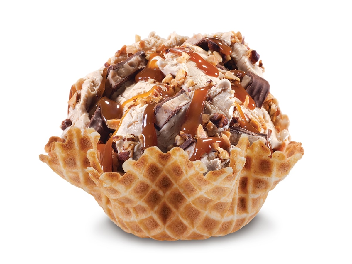 Coffee Lovers Only Cold Stone Ice cream with Coffee Ice Cream, Almond Pieces, Caramel Sauce, and Heath Bar Chunks in a Waffle Bowl