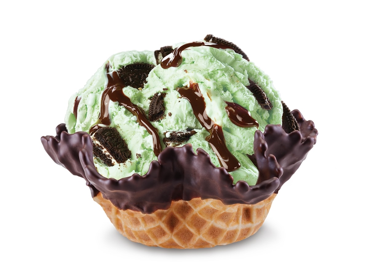 Stone Cold Cookie Mintster Flavor with Mint Ice Cream, Oreo Chunks, and Hot Fudge in a Chocolate-Dipped Waffle Cone