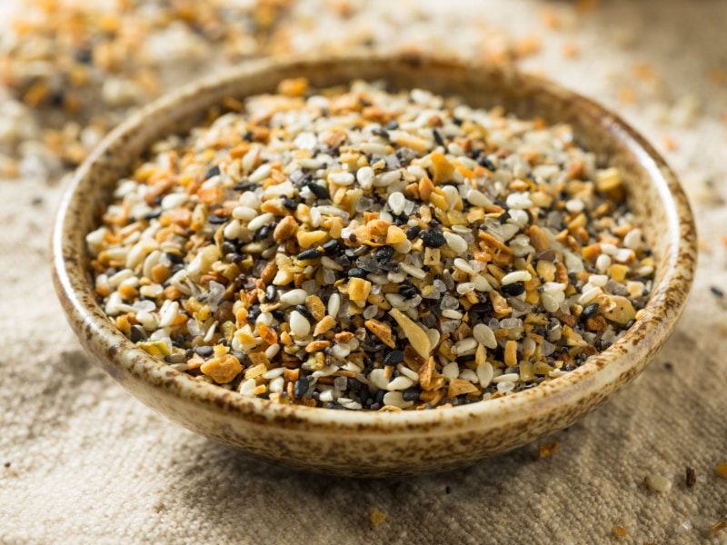 Close-Up of Raw Organic Everything Bagel Seasoning in a Small Bowl