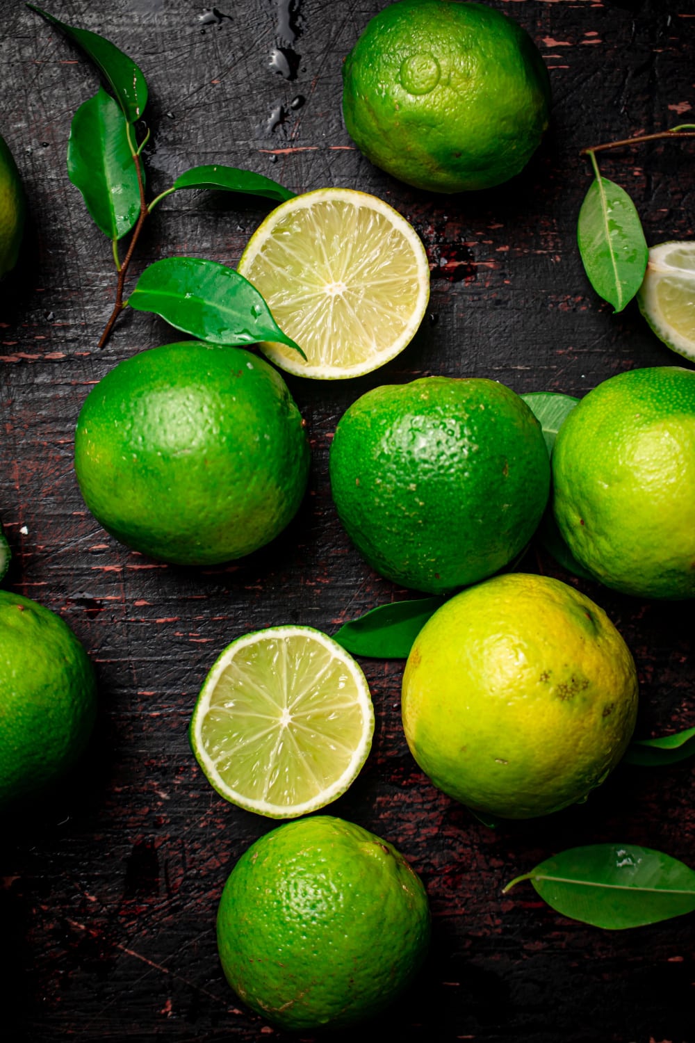 Whole and Slice Fresh Limes on a Wooden Table