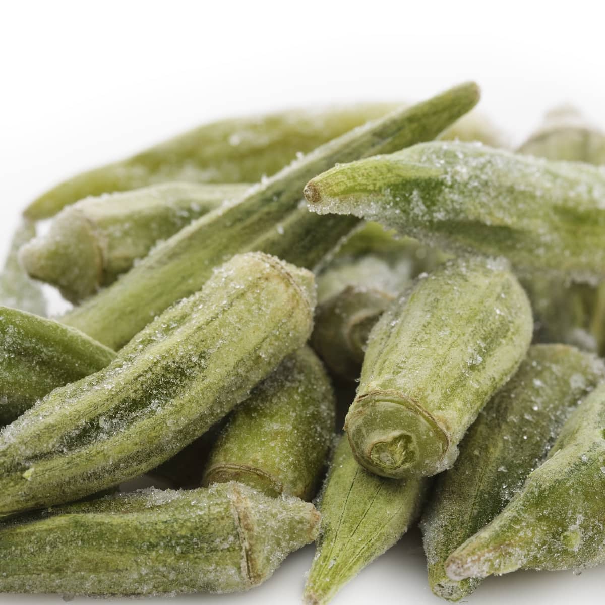 Close Up of Frozen Okra with Ice Granules