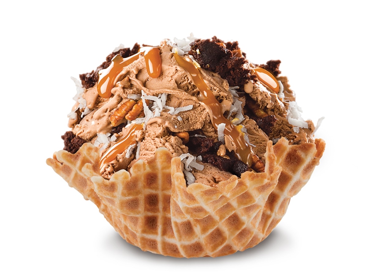 Germanchökolätekäke Cold Stone Flavor with Chocolate Ice Cream, Brownie Chunks, Salted Pecans, Caramel, and Shredded Coconut in a Waffle Bowl