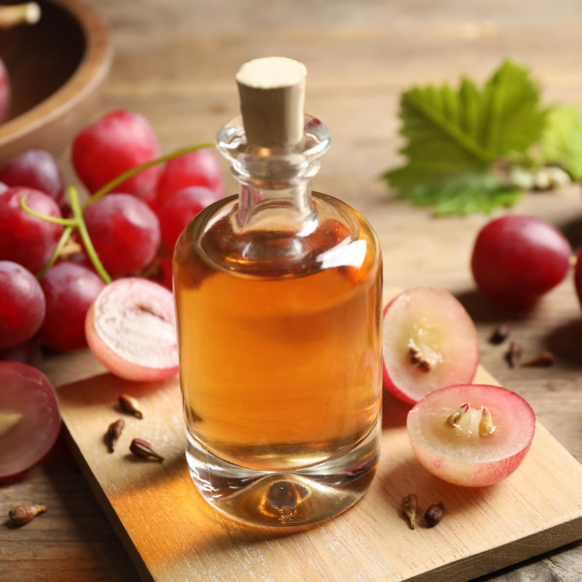 A Bottle of Grapeseed Oil and Fresh Grapes on a Wooden Board