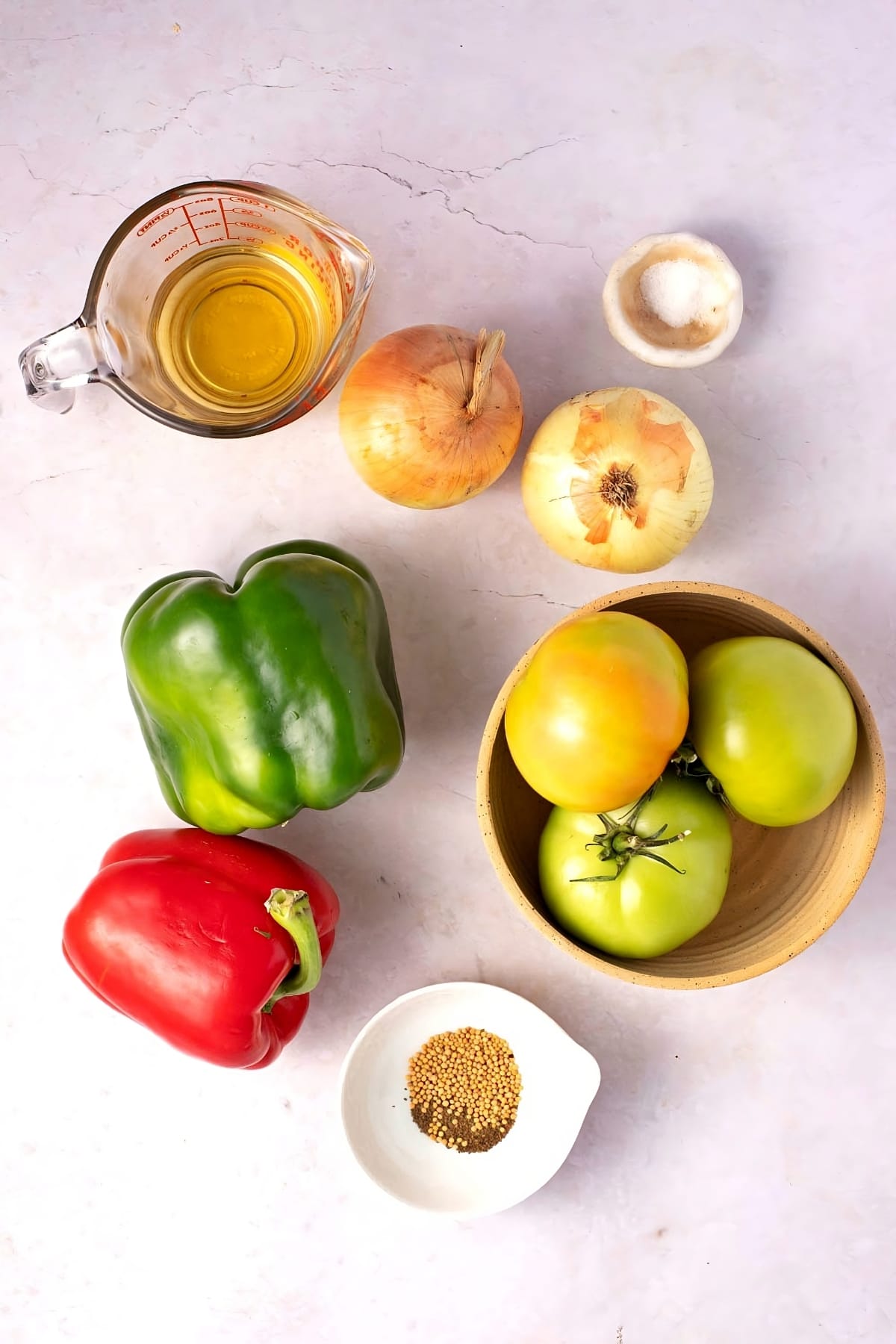 Green Tomato Relish Ingredients - Bell Peppers, Onions, Green Tomatoes, Sugar, Salt, Vinegar, Celery Seed and Mustard Seed