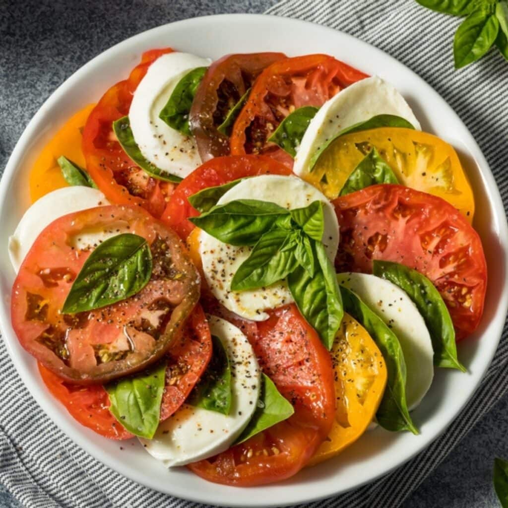 Healthy Homemade Heirloom Tomato Caprese Salad with Basil and Mozzarella